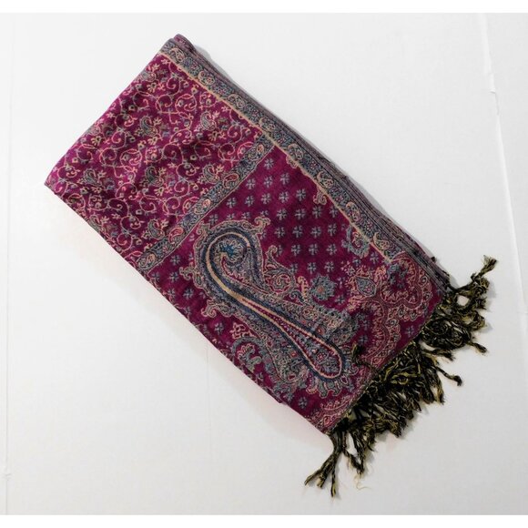 Vintage Paisley Scarf Wrap Shawl 71" X 28" Purple Gold 3" Fringe Boho Chic - Picture 3 of 9